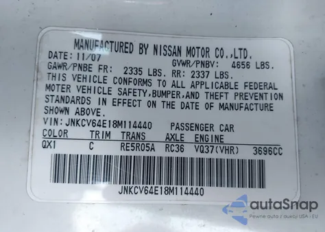 2008 Infiniti G37 Journey from USA, damaged, VIN JNKCV64E18M114440